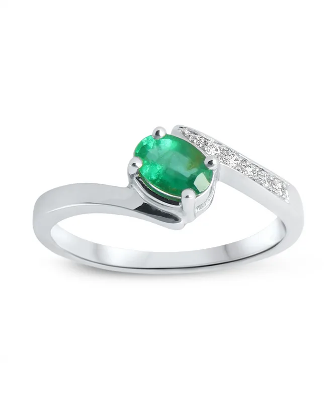 Bague de Fiancailles Emeraude Ovale 6x4 et Diamant Or Blanc 750